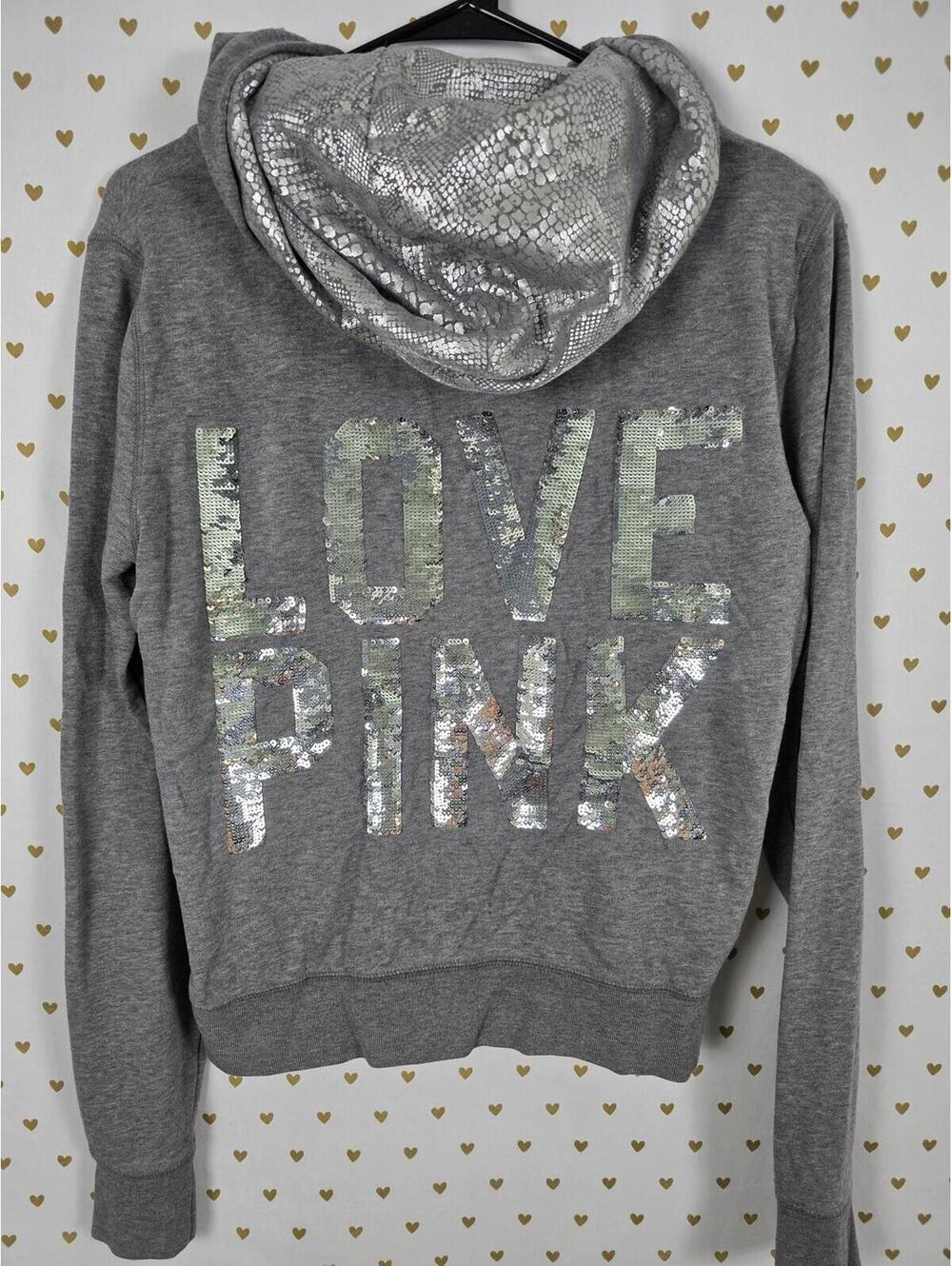 PINK Victoria's Secret Gray Zip Hoodie Silver Sequin LOVE PINK Size M Bling
